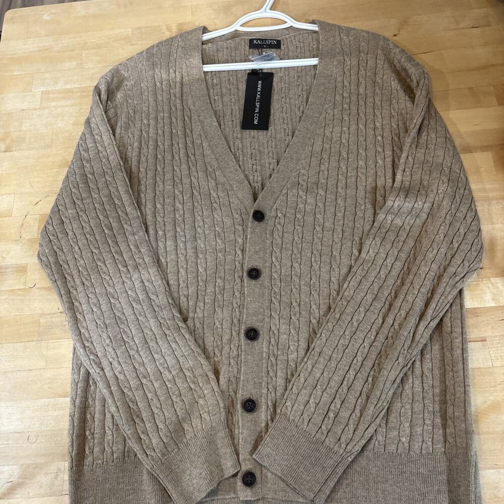 Kallspin men's beige wool-blend V-neck cable-knit cardigan sweater. Men’s XL